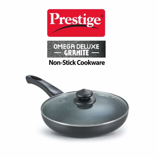 Prestige Omega Deluxe Granite Non-stick Round Base Fry Pan with Glass Lid