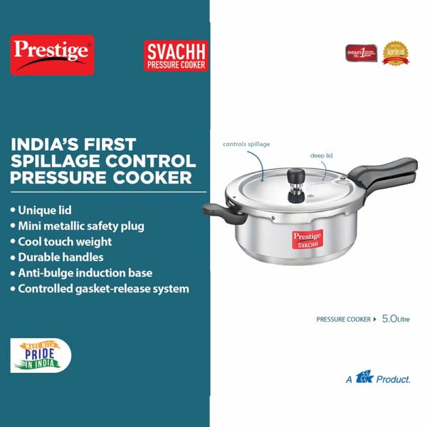 Prestige Svachh Aluminium 5 Liter SENIOR Pressure Pan with Deep Lid For Spillage Control, Outer Lid, Aluminium, Silver