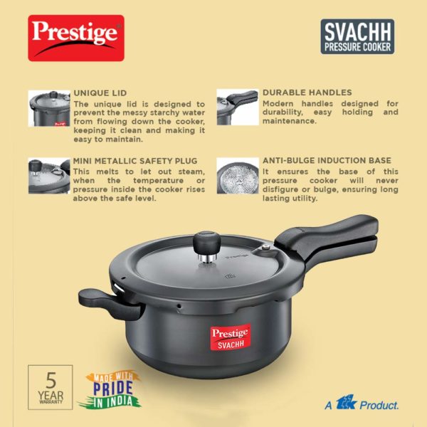 Prestige Svachh 5 L, SENIOR Pressure Pan, With Deep Lid For Spillage Control, Outer Lid, Aluminium, Black, 5 Liter