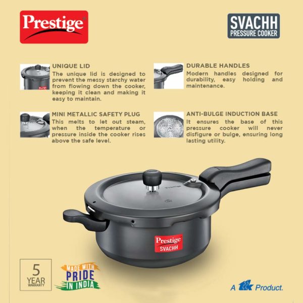 Prestige JUNIOR Svachh 3.5 Litre Outer Lid Pressure Cooker With Hard Anodized Body (Black), 3.5 Liter