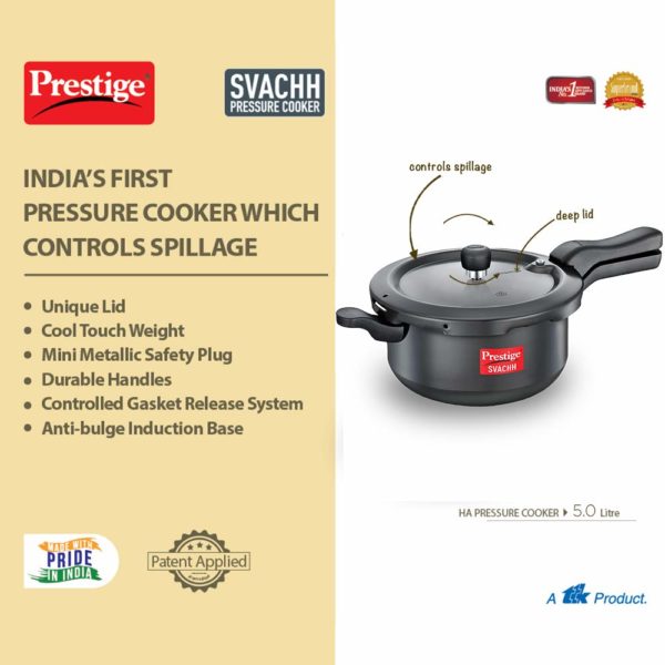 Prestige Svachh 5 L, SENIOR Pressure Pan, With Deep Lid For Spillage Control, Outer Lid, Aluminium, Black, 5 Liter