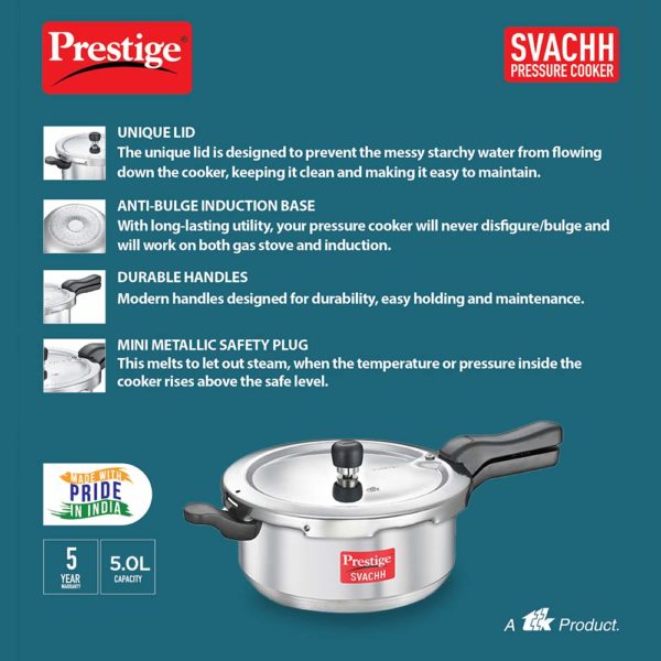 Prestige Svachh Aluminium 5 Liter SENIOR Pressure Pan with Deep Lid For Spillage Control, Outer Lid, Aluminium, Silver