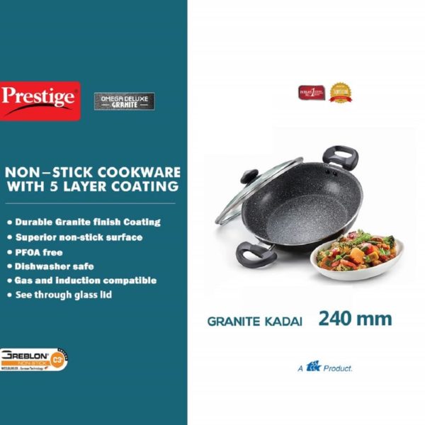 Prestige Omega Deluxe Granite Non-stick Round Base Kadai with Lid
