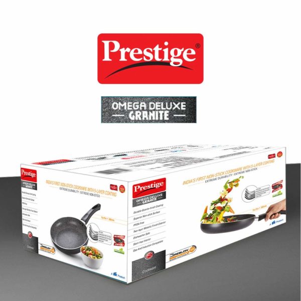 Prestige Omega Deluxe Granite Non-stick Round Base Fry Pan with Glass Lid