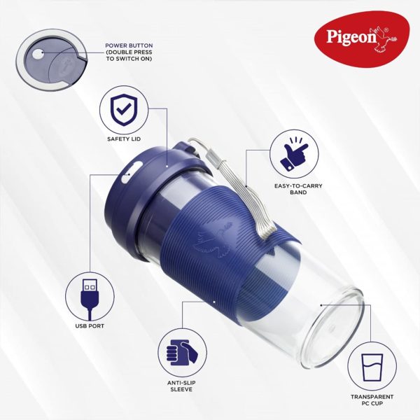 Pigeon Blendo USB rechargeable Personal Blender for Smoothies, Shakes with Juicer Cup Jar, 330 ml, Blue, Medium (14633)