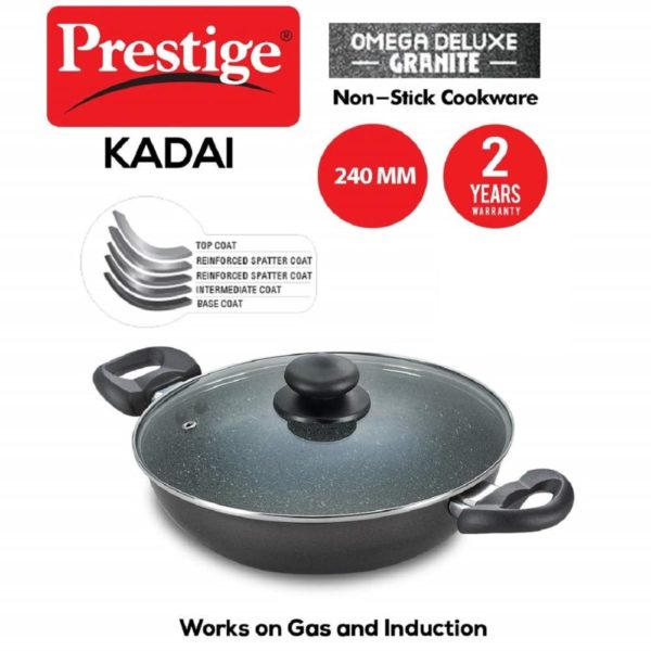 Prestige Omega Deluxe Granite Non-stick Round Base Kadai with Lid