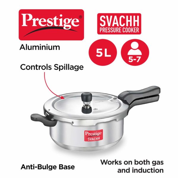 Prestige Svachh Aluminium 5 Liter SENIOR Pressure Pan with Deep Lid For Spillage Control, Outer Lid, Aluminium, Silver