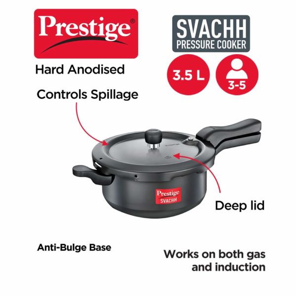 Prestige JUNIOR Svachh 3.5 Litre Outer Lid Pressure Cooker With Hard Anodized Body (Black), 3.5 Liter