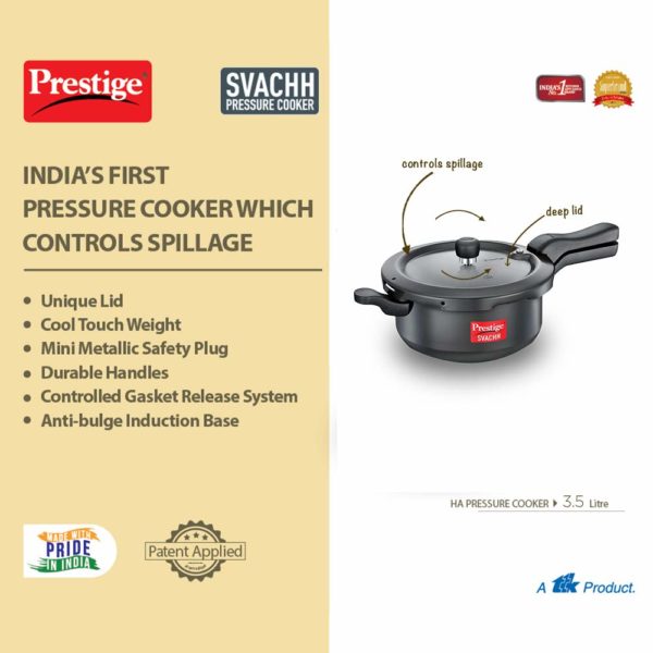 Prestige JUNIOR Svachh 3.5 Litre Outer Lid Pressure Cooker With Hard Anodized Body (Black), 3.5 Liter