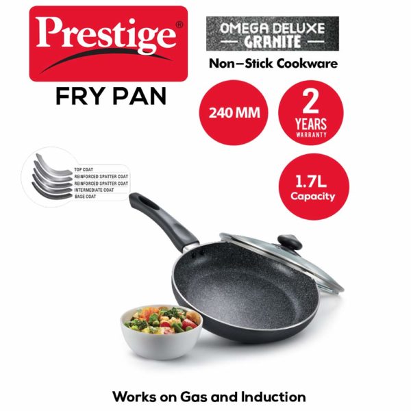 Prestige Omega Deluxe Granite Non-stick Round Base Fry Pan with Glass Lid