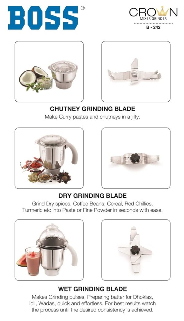 BOSS Crown 750W Mixer Grinder with Powerful Motor with 3 Stainless Steel Jars