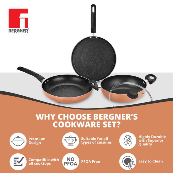 Bergner Copper Plus Non-Stick 4 Pcs Cookware Set - Induction Bottom