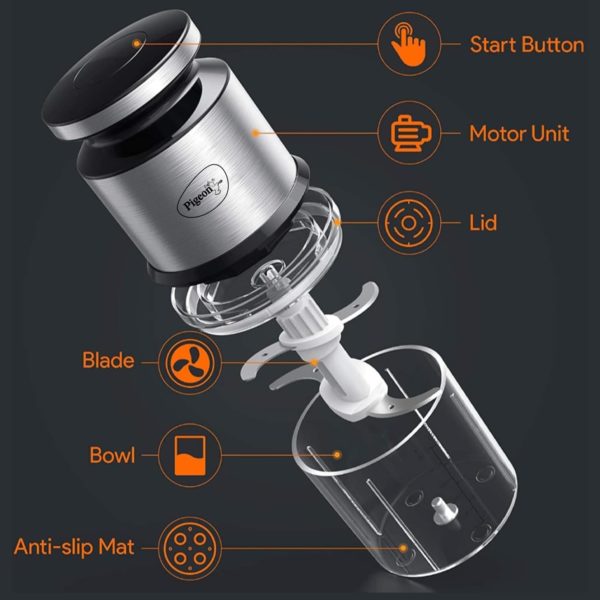 Pigeon Ultra Fast Electric 300 Watts Electric Chopper For Kitchen Twin Blade Technology 600 Ml 'Chop-N-Store' Plastic Bowl With Lid
