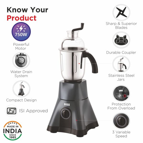 BOSS Cyclone-Nx 750W Mixer Grinder with Powerful Motor with 3 Stainless Steel Jars