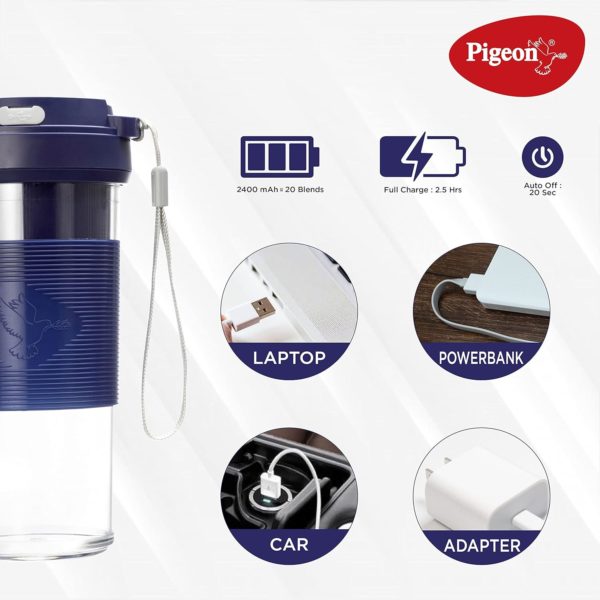 Pigeon Blendo USB rechargeable Personal Blender for Smoothies, Shakes with Juicer Cup Jar, 330 ml, Blue, Medium (14633)