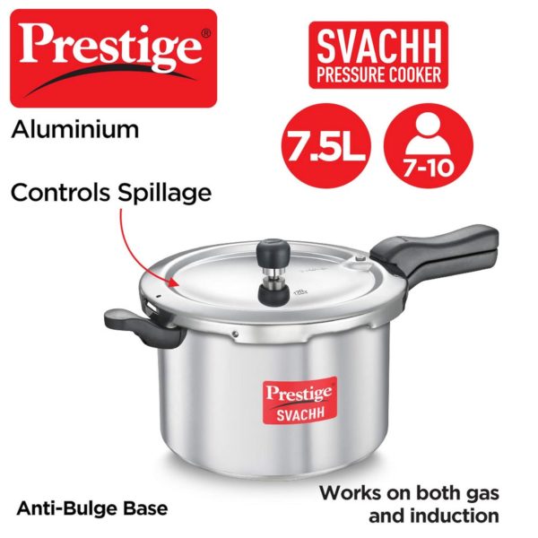 Prestige Svachh Aluminium Outer Lid Pressure Cooker 7.5 L Deep Lid For Spillage Control