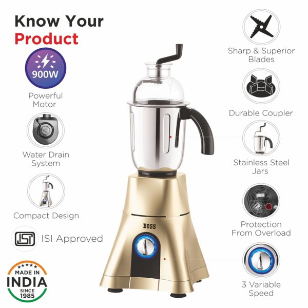 BOSS CycloneMaxx 900W Mixer Grinder with Powerful Motor with Stainless Steel 4 Jars