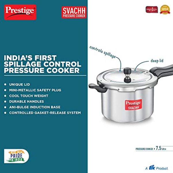 Prestige Svachh Aluminium Outer Lid Pressure Cooker 7.5 L Deep Lid For Spillage Control