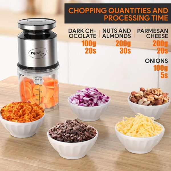 Pigeon Ultra Fast Electric 300 Watts Electric Chopper For Kitchen Twin Blade Technology 600 Ml 'Chop-N-Store' Plastic Bowl With Lid