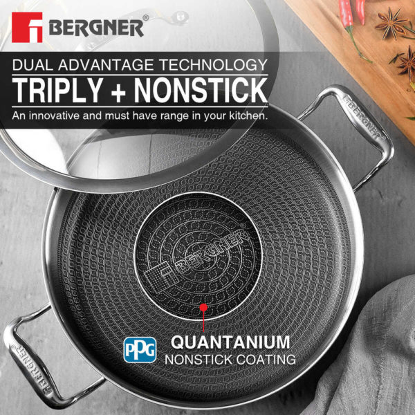 Bergner Hitech Tri-Ply Non-Stick Stainless Steel Casserole - Induction Bottom